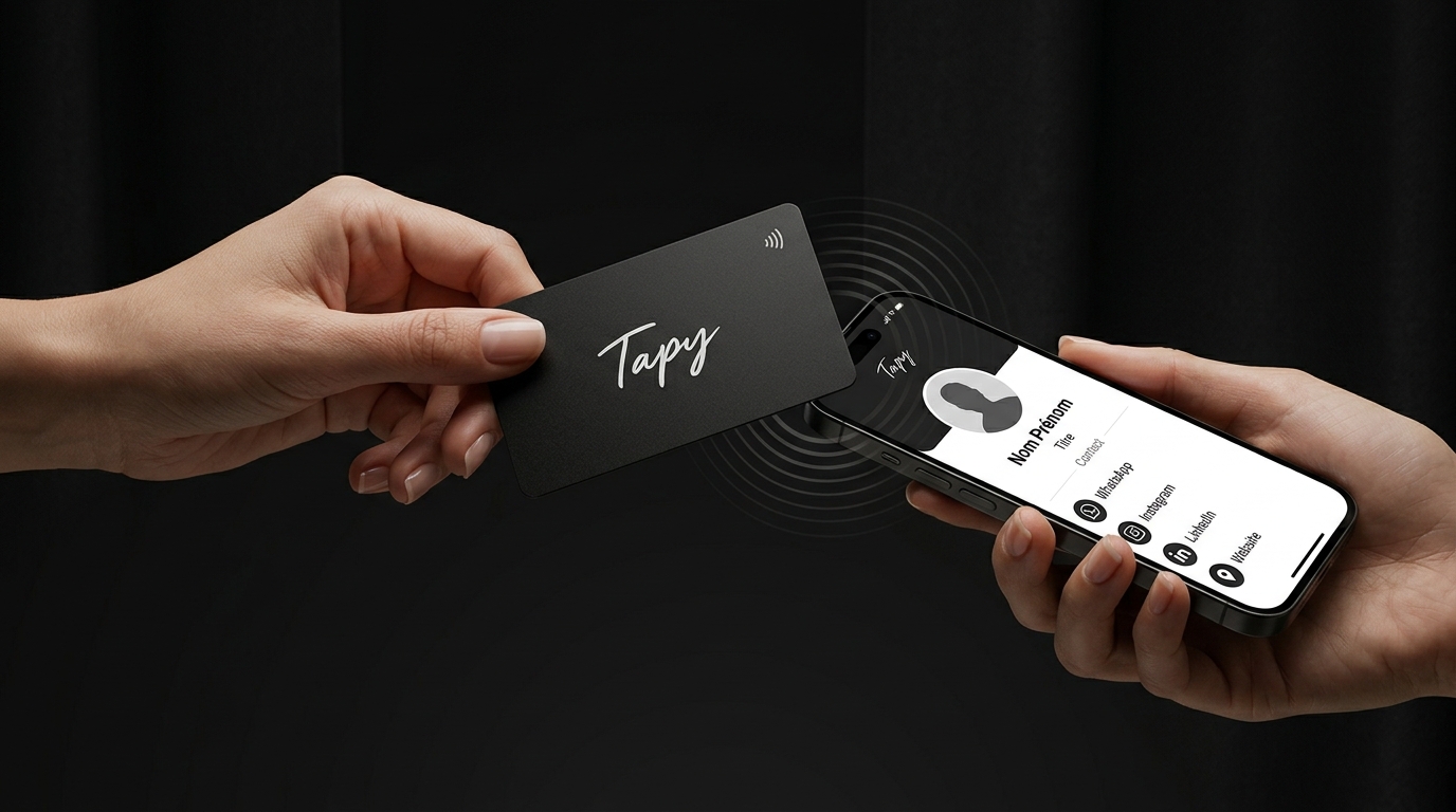 Une carte Tapy noire approchée d'un smartphone pour partager un profil digital