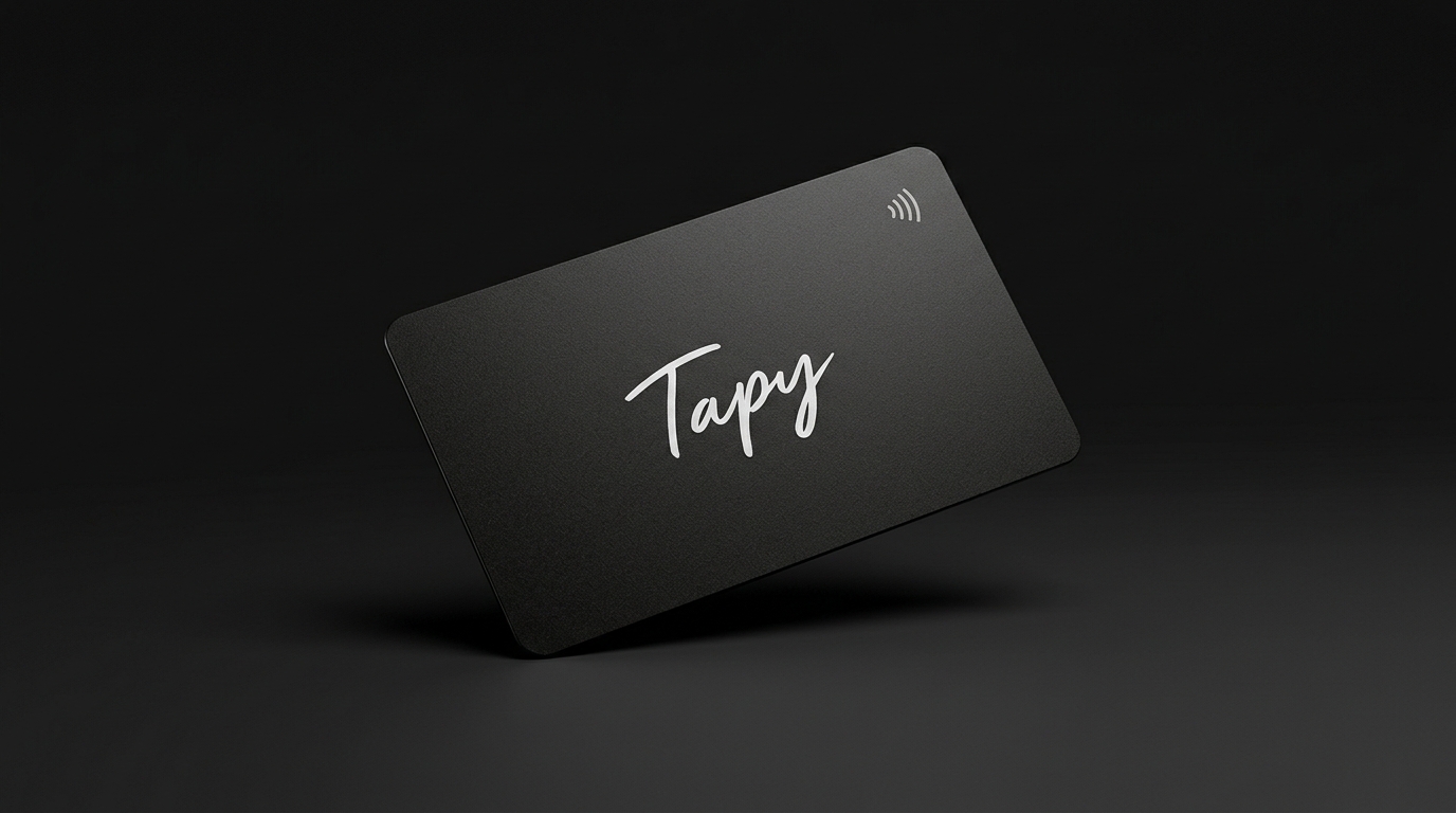 Carte Tapy noire mate avec logo manuscrit blanc et symbole NFC