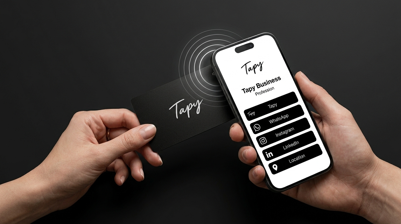 Une carte Tapy approchée d'un smartphone affichant un profil digital